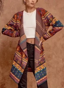 Suéter Savanna Jane Mujer Colorido Azteca Frente Abierto Cascada Boho Talla L - Imagen 1 de 11