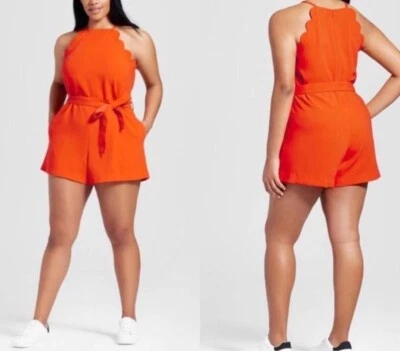 全新带标签 Victoria Beckham 橙色连身裤短裤扇形边缘无袖 L 腰带 — 第 1/4 张图片