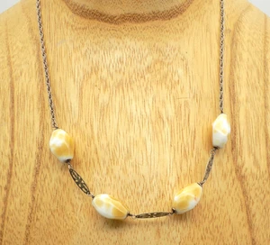 Vintage Sterling Silver Porcelain Station Necklace Tan White Delicate - Picture 1 of 4