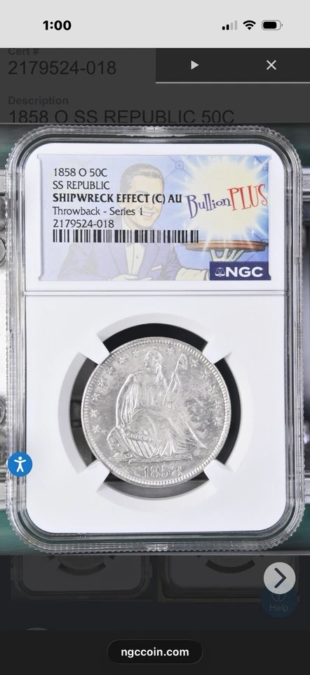 Silver 1858-O 50c SS Republic shipwreck effect AU Bullion Plus throwback series - Image 1 of 4