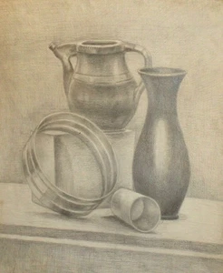 Antique pencil painting still life with vase, pitcher and cup signed - Picture 1 of 11