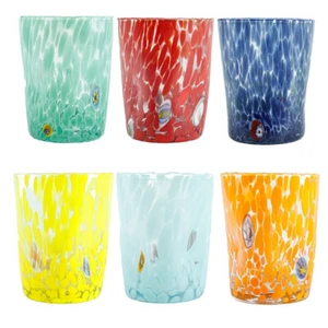 Set of Six 6 Murano Glasses Art Tumblers Blue Red Orange Yellow Green Millefiori - Picture 1 of 10