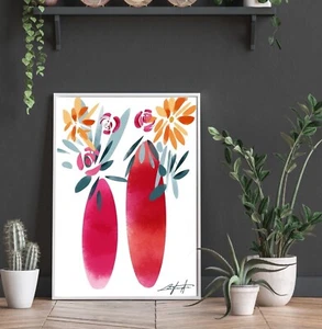 Abstrakte Blumen Vase Wandbild Tropisch Aquarell Hell Türkis Rosa Gelb - Bild 1 von 7