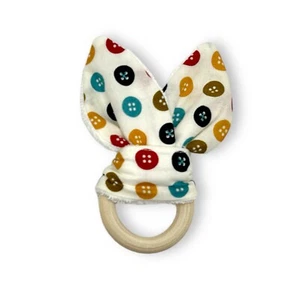 Beach Wood Ring Teething Toy /Bunny Ears Ring Teether /Baby Motor Skills Gift - Picture 1 of 4