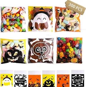 300Pcs Halloween Treat Bags Self Adhesive Candy Bag Halloween Cellophane Cookie - Picture 1 of 7