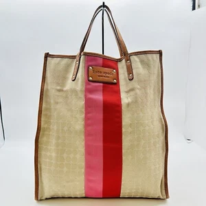 kate spade Tan Red Pink tote Shoppers bag Large Canvas Leather Trim - Picture 1 of 23
