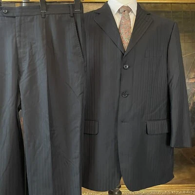Ferrecci 46R 36 x 26 2Pc Black Herringbone Weave Stripe Super 150's 3Btn Suit - Image 1 of 4