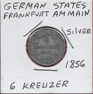 GERMAN STATES FRANKFURT AM MAIN FREE CITY 6 KREUZER 1856 LOW MINTAGE 166,379,CRO - Picture 1 of 2
