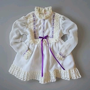 Vintage 70s Just Adorable Dress Girls 3T White Purple Lace Ribbons  Ruffles - Picture 1 of 11