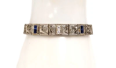 Vintage 14K White Gold Diamond & Sapphire Bracelet, 7" long - Image 1 of 4