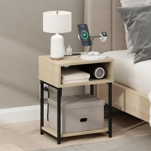Furinno Moretti 15.2 in. Bauhaus Oak Rectangle Wood End Table with USB and Port - Picture 1 of 7