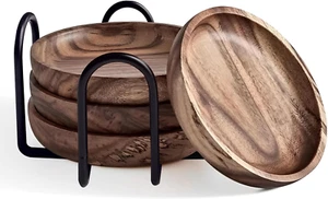Wooden Coaster for Drinks Set of 4 - Natural Wood Drink Coasters Set with Holder - Picture 1 of 7