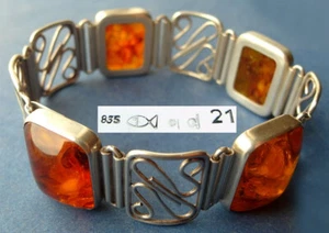 Vintage Armband, echter Bernstein, 835er Silber, Fischmarke, Fischland, 琥珀 Z202 - Picture 1 of 9