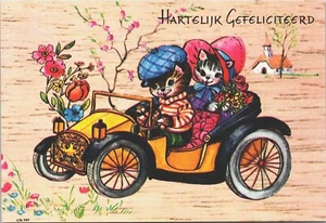 Anthropomorphic Cats Man and Woman in a Car Happy Birthday Vintage Postcard BP8 - Picture 1 of 2