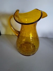 Vintage Yellow Crackle Glass Water Pitcher Blenko/ Kanawha 7" T - Picture 1 of 8