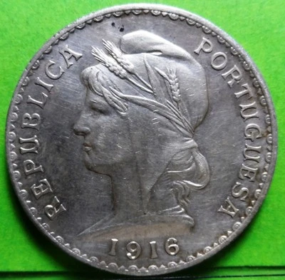  aUNC PORTUGAL  1 Escudo 1916 Silver - Image 1 of 2