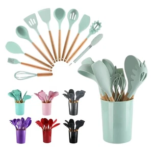 Set Utensili Cucina 12 Pezzi Silicone Legno Resistente al Calore Utensili Cucina - Foto 1 di 11