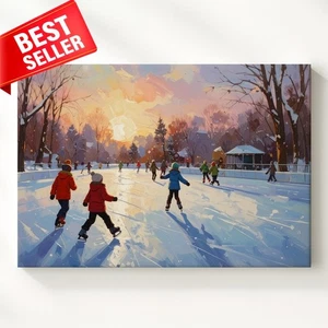 Wall Art Winter Vibrant Sunset Pastel Skating Joy Ice Rink Scene Children Canvas - Picture 1 of 8