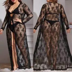 Plus Size Women Lingerie Long Lace Dress Sheer See-Thru Nightwear Robe Nightgown - Picture 1 of 10