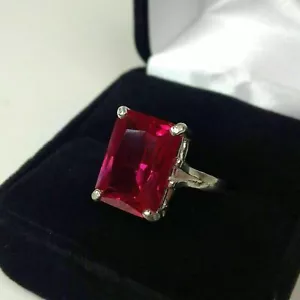 3Ct Emerald Cut Simulated Red Ruby 14K White Gold Over Solitaire Engagement Ring - Picture 1 of 8