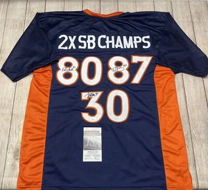 DENVER BRONCOS 2X SB CHAMPS TRIPLE SIGNED JERSEY DAVIS, SMITH, MCCAFFREY JSA COA - Picture 1 of 3