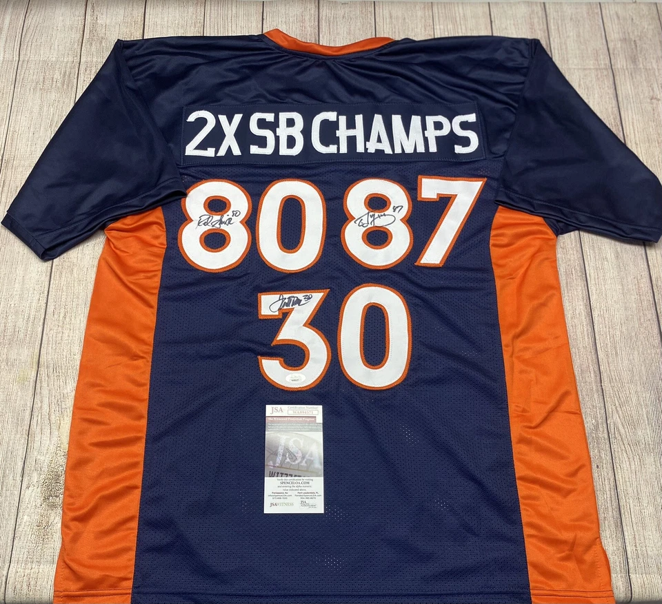 DENVER BRONCOS 2X SB CHAMPS TRIPLE SIGNED JERSEY DAVIS, SMITH, MCCAFFREY JSA COA - Image 1 of 3