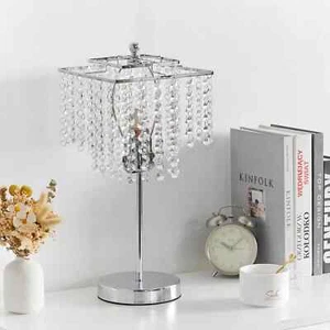 Luxury Crystal Droplet Bedside Table Lamp Reading Lamp Chrome Square Lampshade - Picture 1 of 7