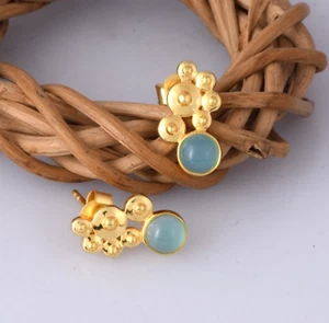 Yellow Gold Multi Discs Gemstone Chalcedony Stud Earring Girls Delicate Jewelry - Picture 1 of 12