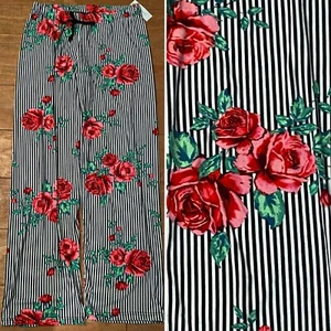 Womens floral roses lounge pants striped polyester sleep pajamas regular plus - Picture 1 of 1