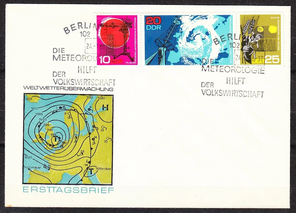Germany DDR 1968 FDC cover Sc 984a Mi 1343-1346 Meteorological Observatory strip - Image 1 of 1