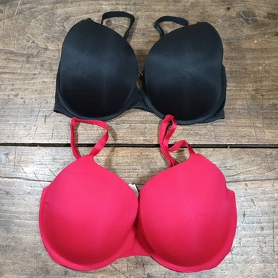TWO Victorias Secret Bra 36DDD T-Shirt Push Up Full Coverage Underwire Black Red - Image 1 of 4
