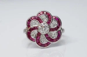 Ruby and Old European Cut Diamond Target Ring Vintage Floral Edwardian Ring Her - Picture 1 of 8