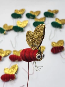 Vtg Googly Eye Bee Christmas Ornament Lot Bumblebee Flocked Red Green Glitter - Picture 1 of 20