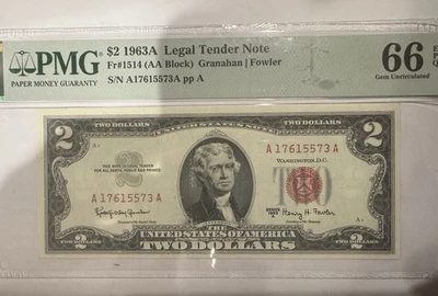 1963A $2 Legal Tender PMG 66 EPQ Gem Uncirculated Fr #1514 AA Block - Image 1 of 4