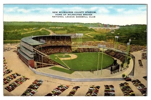 WISCONSIN - MILWAUKEE COUNTY STADIUM - BRAVES BASEBALL CLUB - LINEN POSTCARD - Picture 1 of 2