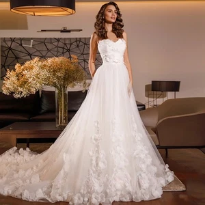 Flowers Wedding Dress Sweetheart Sleeveless Court Train A Line Corset Bride Gown - Picture 1 of 9