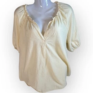 Butter Yellow 100% Cotton Blouse Size XL Ruffle V-Neck Balloon Slv Beach Peasant - Picture 1 of 10