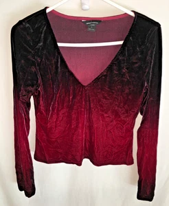 MAGLIETTA TOP BLUSA DONNA DIP DYE NERO VELLUTO BORDEAUX TAGLIA L M 32" - Foto 1 di 3