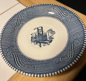 Vintage Currier & Ives Royal China blau/weiß ""Steamboat"" 6"" Untertasse/Teller - Bild 1 von 5