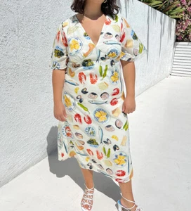 NWT Lisa Says Gah Grace Food Print Midi Dress Tapas Ivory Lemon Olive Fruit XL - Picture 1 of 14
