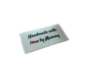 Handmade with love by Mummy labels tags - Sew In White Ribbon - 25x40mm Flat - Picture 1 of 1