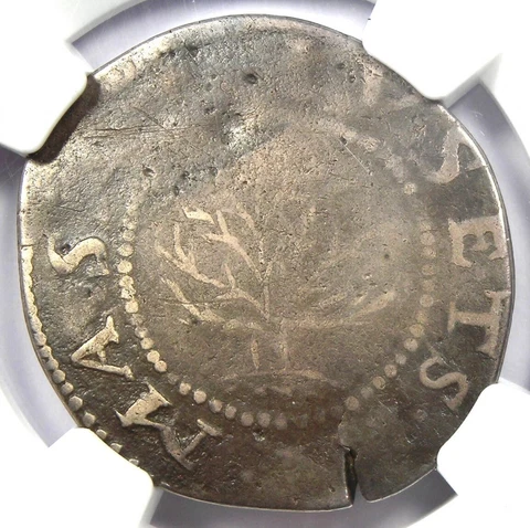 1652 Massachusetts Oak Tree Silver Shilling 1S. Certified NGC Fine Detail - Rare Cover