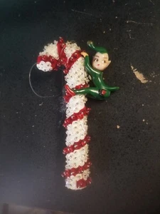 Vintage Elf On A Beaded/Sequined Candy Cane Ornament - Picture 1 of 3