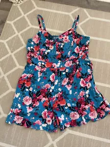 TORRID challis tie front romper size 4 blue floral stretch ruffled hem pockets - Picture 1 of 5