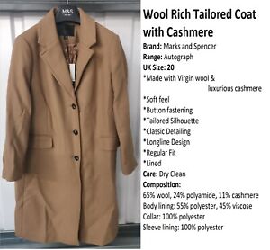 M&S Ladies Virgin Wool Rich with Cashmere Coat Longline Overcoat