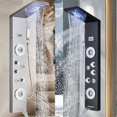 Panel de ducha LED torre lluvia y cascada masaje cuerpo chorros sistema acero inoxidable Foto 1 de 4
