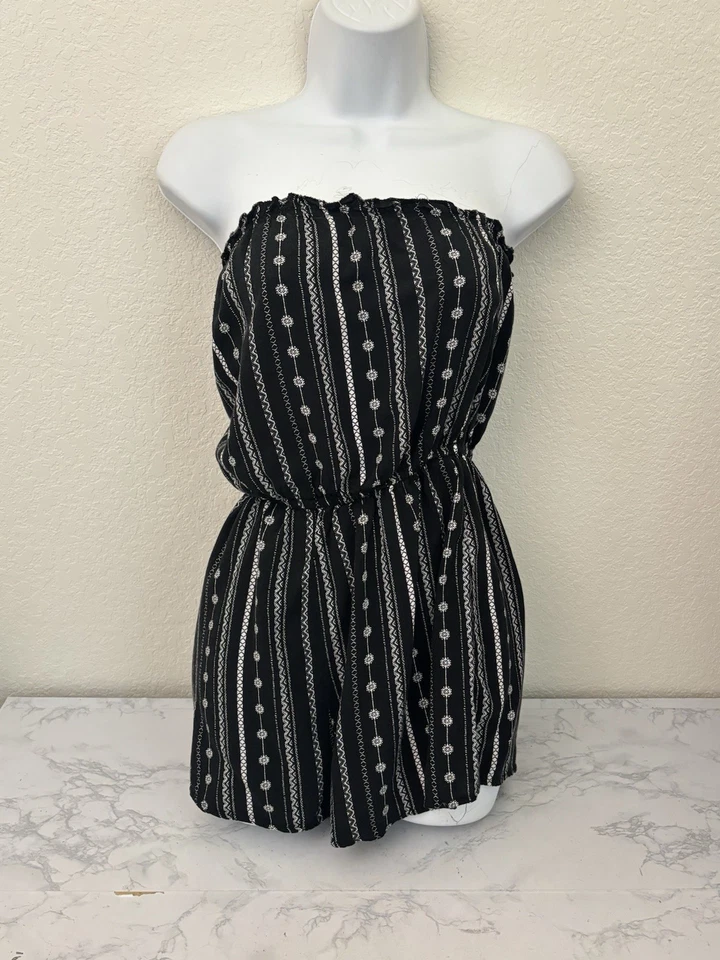 HM 红色花卉无袖口袋连身裤女式 6 码黑色白色弹性腰 H2 — 第 1/4 张图片