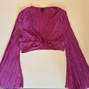 Pink Fuchsia Metallic Cropped Flared Arms Top Size L Large Crinkled Detail V Nec - Bild 1 von 5
