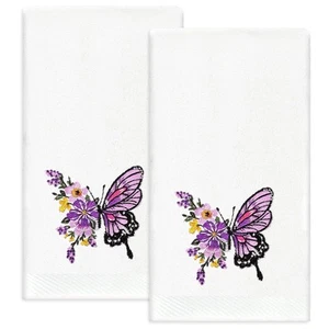 2 Pack Floral Butterfly Hand Towel Spring Summer Cotton Embroidered Lavender ... - Picture 1 of 7