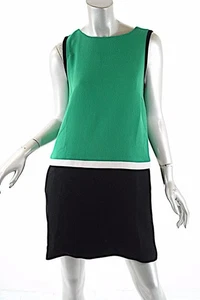 Vestido de lana sin mangas verde y negro/blanco LISA PERRY con forro de satén de seda talla 6 - Imagen 1 de 6